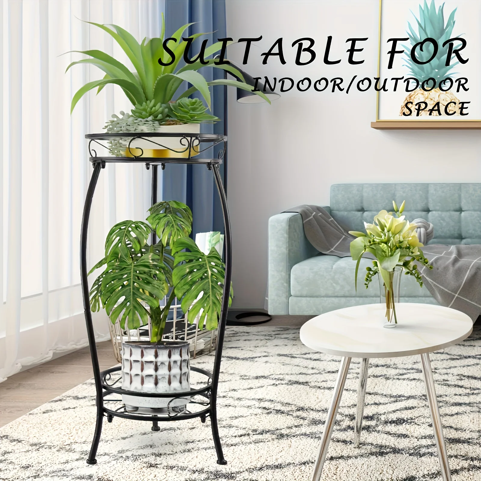 Double layer black stable iron plant rack, indoor and outdoor universal double-layer plant rack, flower pot rack