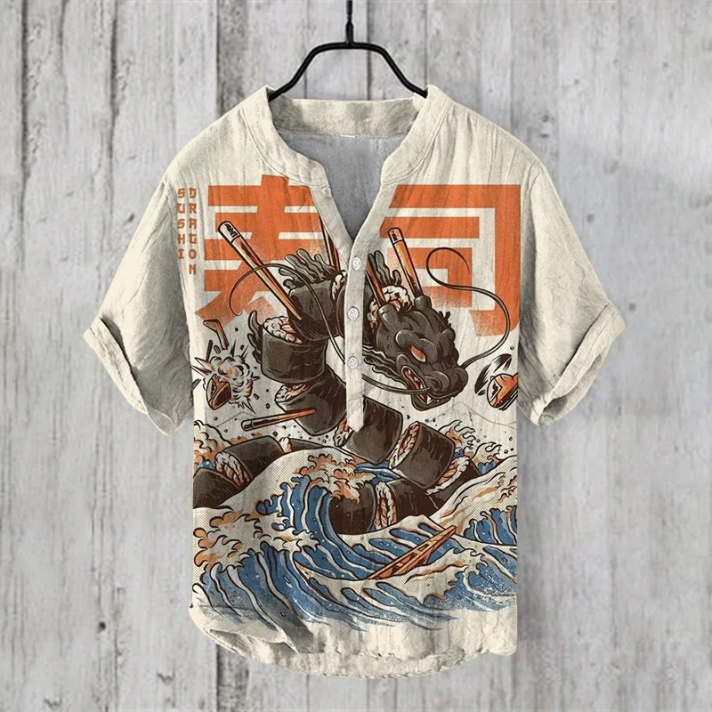 Summer Japanese-style art Print Vintage Henley Shirts Men\'s Casual Button-Down Short Sleeve v- neck Shirt Man Tees