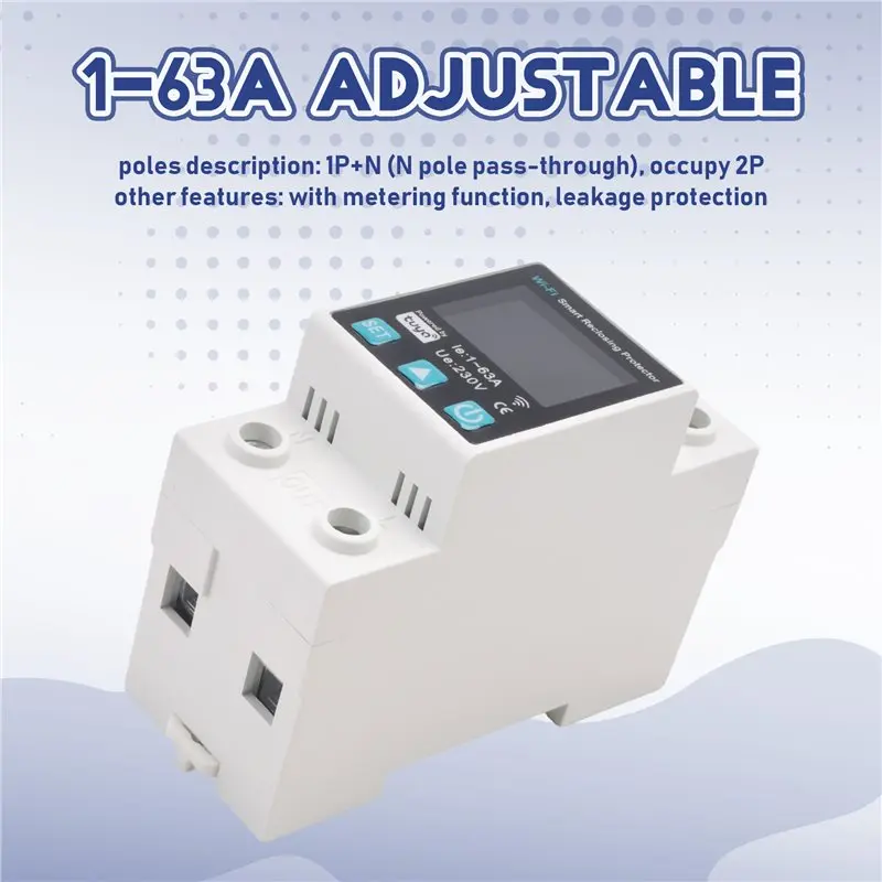 New 1P 1-63A Tuya Wifi Smart Circuit Breaker LED Display Switch With Power Metering Smart Life Control Via Alexa Home-[A04I Tool