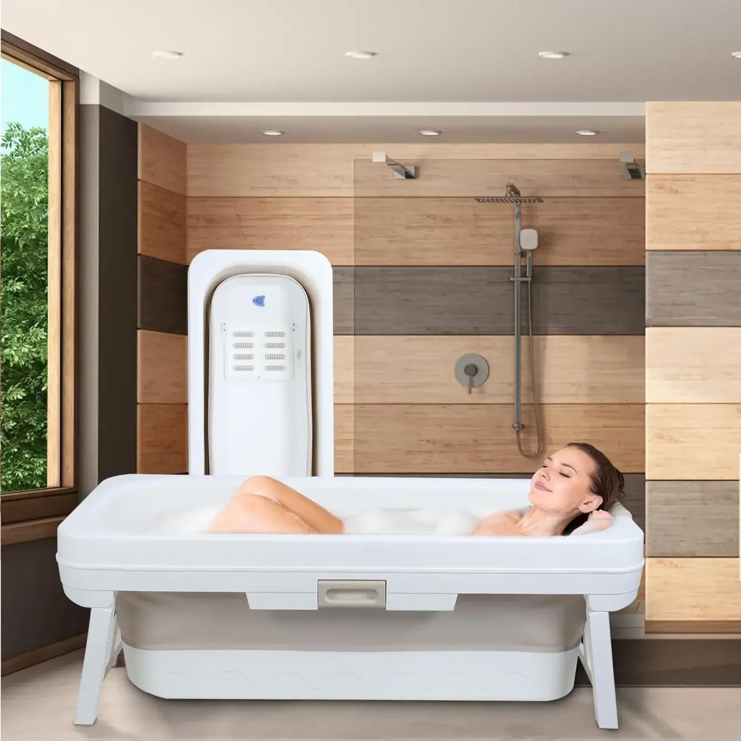 Foldable Freestanding Portable Bathtub Adult Family Sweat Steaming Hot Bath Ice Bath Small Spaces Beige