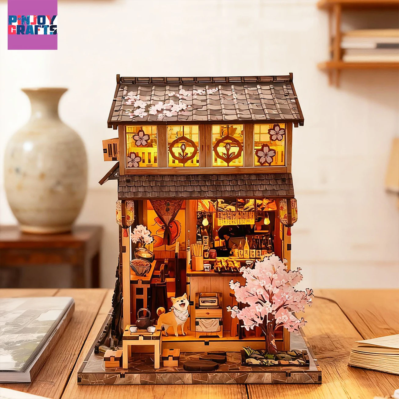 Wooden DIY Miniature Japanese Street House Kit, Hand‑Build Mini Dollhouse, Creative Desktop Ornament Stress Relief Gift for Teen