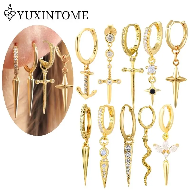 

925 Sterling Silver Ear Needle Sword Zircon Pendant Earrings For Women Rivet Pendant Hoop Earrings Punk Trend Fashion Jewelry
