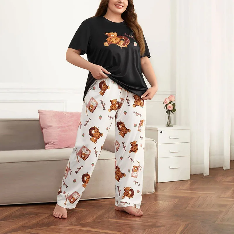 

Plus Size Women's Sleepwear Set Cartoon Printed Sleepwear Smooth And Soft Short Sleeved T-shirt Long Pants Sleepwear