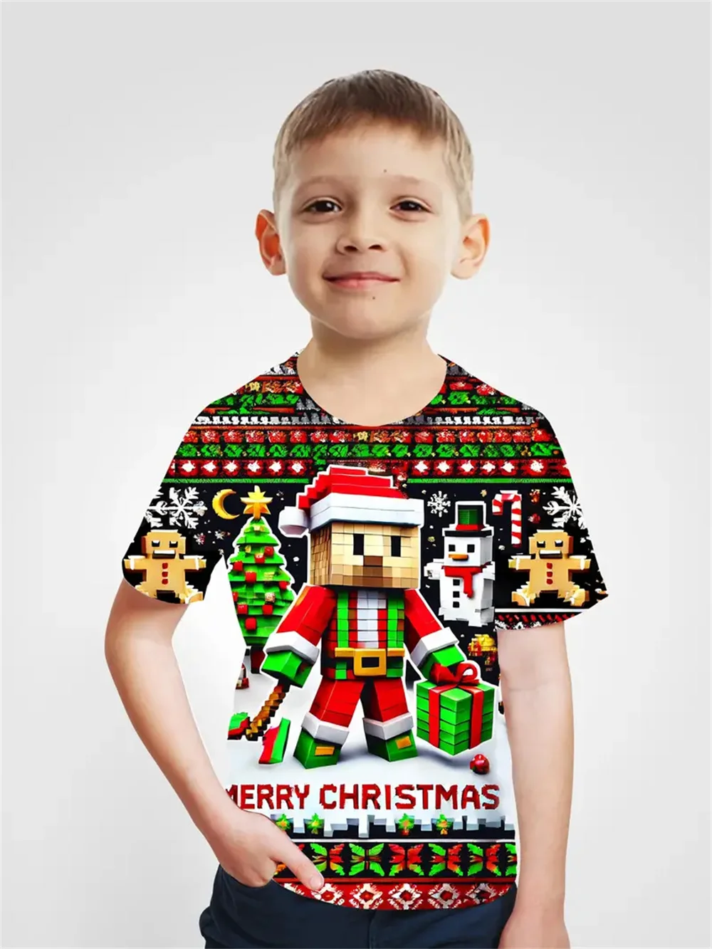 2025 Christmas Festival Short Sleeve Casual Children Clothing Top Tee T-Shirt Boys Girls New Year 3d Print Children's Clothing