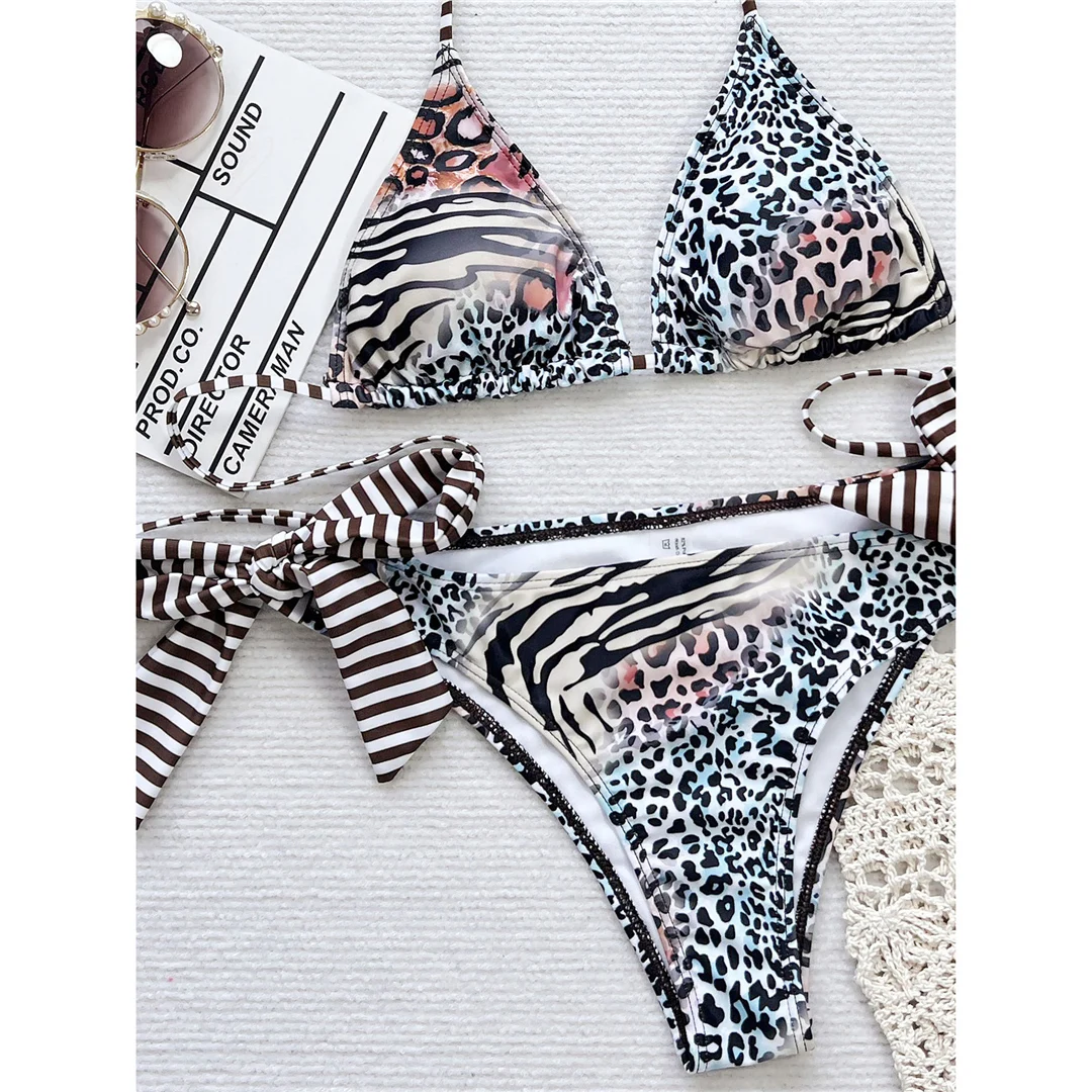 Leopard Halter Bikini mit hohem Beinausschnitt, zweiteiliger Badeanzug für Damen, Badebekleidung, Badeanzug, Schwimmbikini V6057 – Detail 10