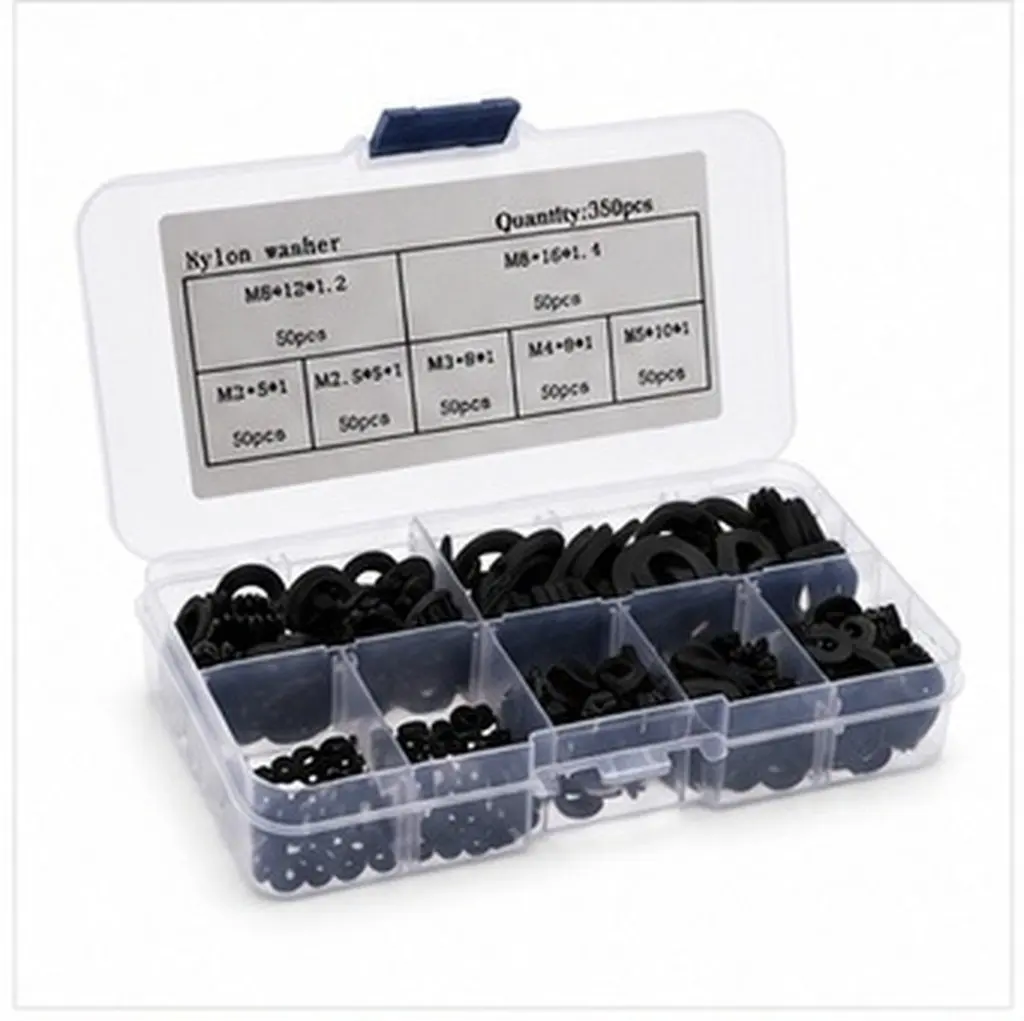 Nylon Flat Washers Assortment Kit 350 pcs, 7 Sizes in Transparent Snap-Lid Organizer Box for DIY Faucet Hose Valve