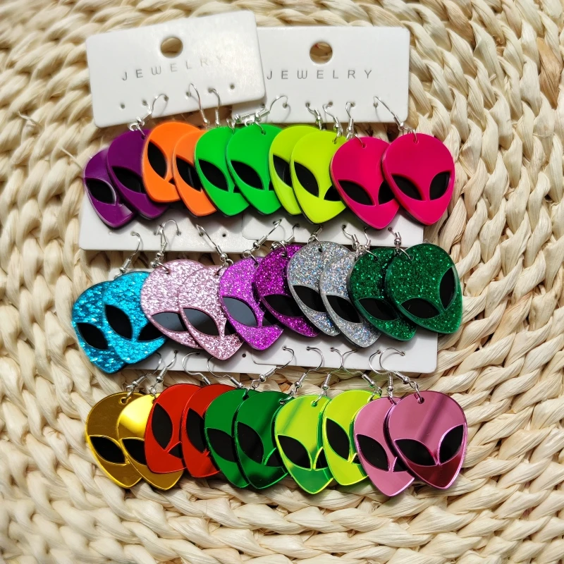 KUGUYS 5pairs/lot Multicolor Alien Acrylic Earrings for Women Mirror Glitter ET Jewelry Cute UFO Accessories