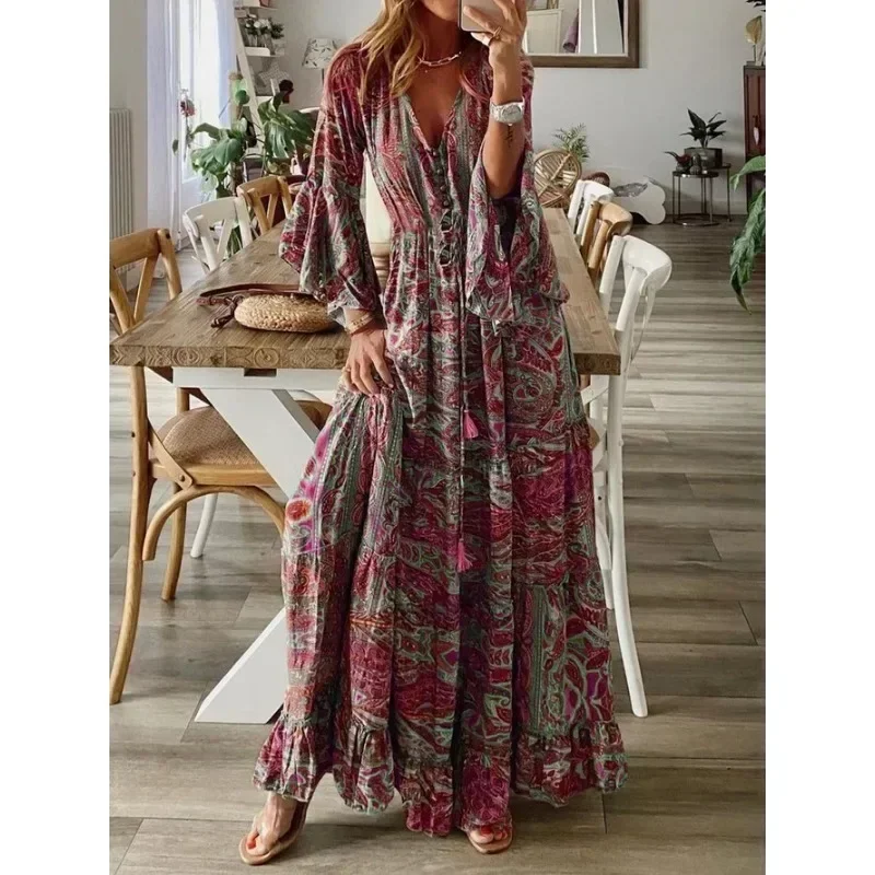 Femme taille S-3XL style bohème manches trompent imprimé col en v taille haute robe de vacances florale longue robe