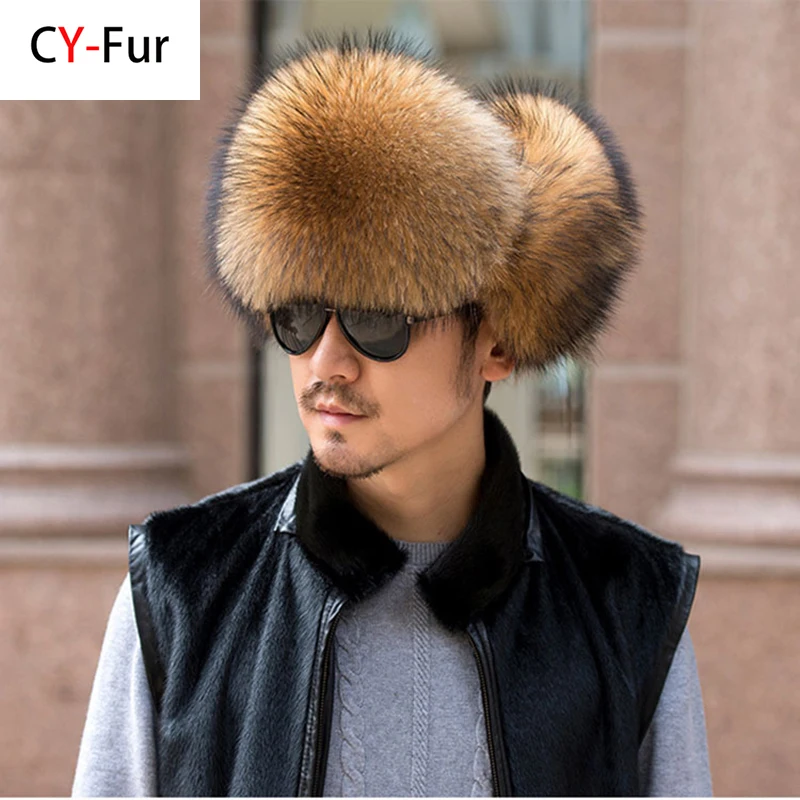 Winter Men's 100% Real Silver Fox Fur Bomber Hat Raccoon Fur Ushanka Cap Trapper Russian Man Ski Hats Caps Real Leather