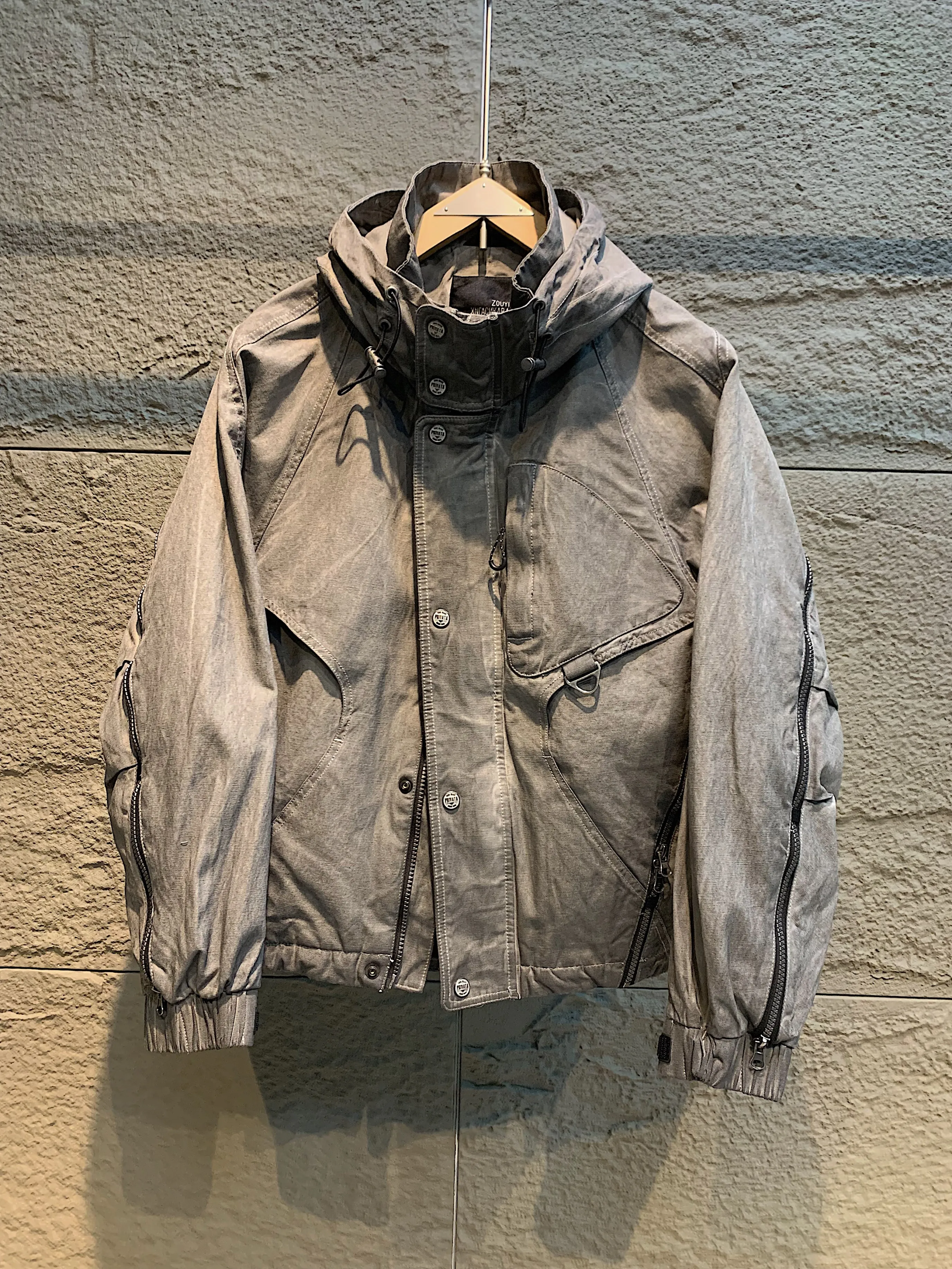 Heavy Wasteland Structure Hooded Washing Machine Wind Super Handsome Distressed Gray Men's Jacket