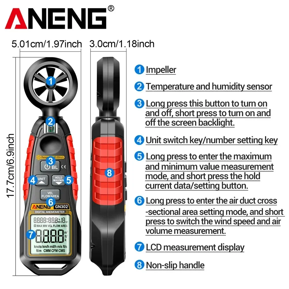 ANENG GN302 Handheld Anemometer 9999 Count Digital 0.4~30.00m/s Wind Speed Meter -20.0C~60.0C Temperature Tester Anemometro