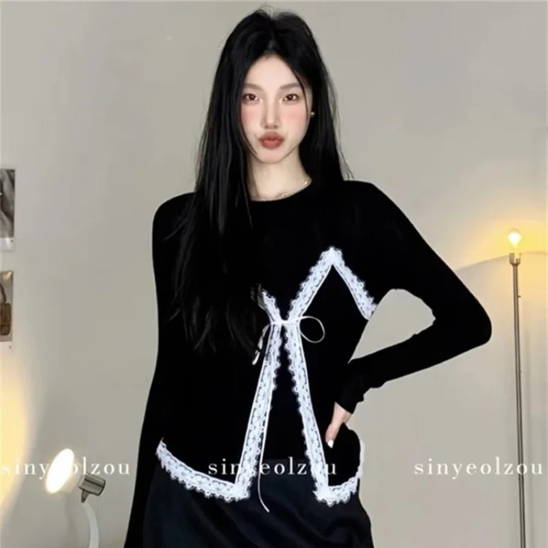 Autumn Winter Fashion Fake Two Pieces Lace Bow Knitted Tops Women's Clothing Slim O-neck Soft Elastic Sweaters
