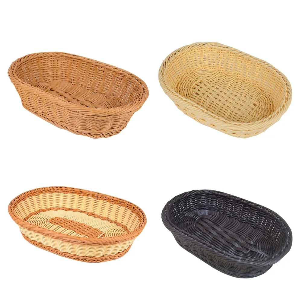 Hand-woven Simulation Rattan Wicker Basket Fruit Tea Snack Bread Basket Cosmetic Tray Plastic Rectangular Storage Box