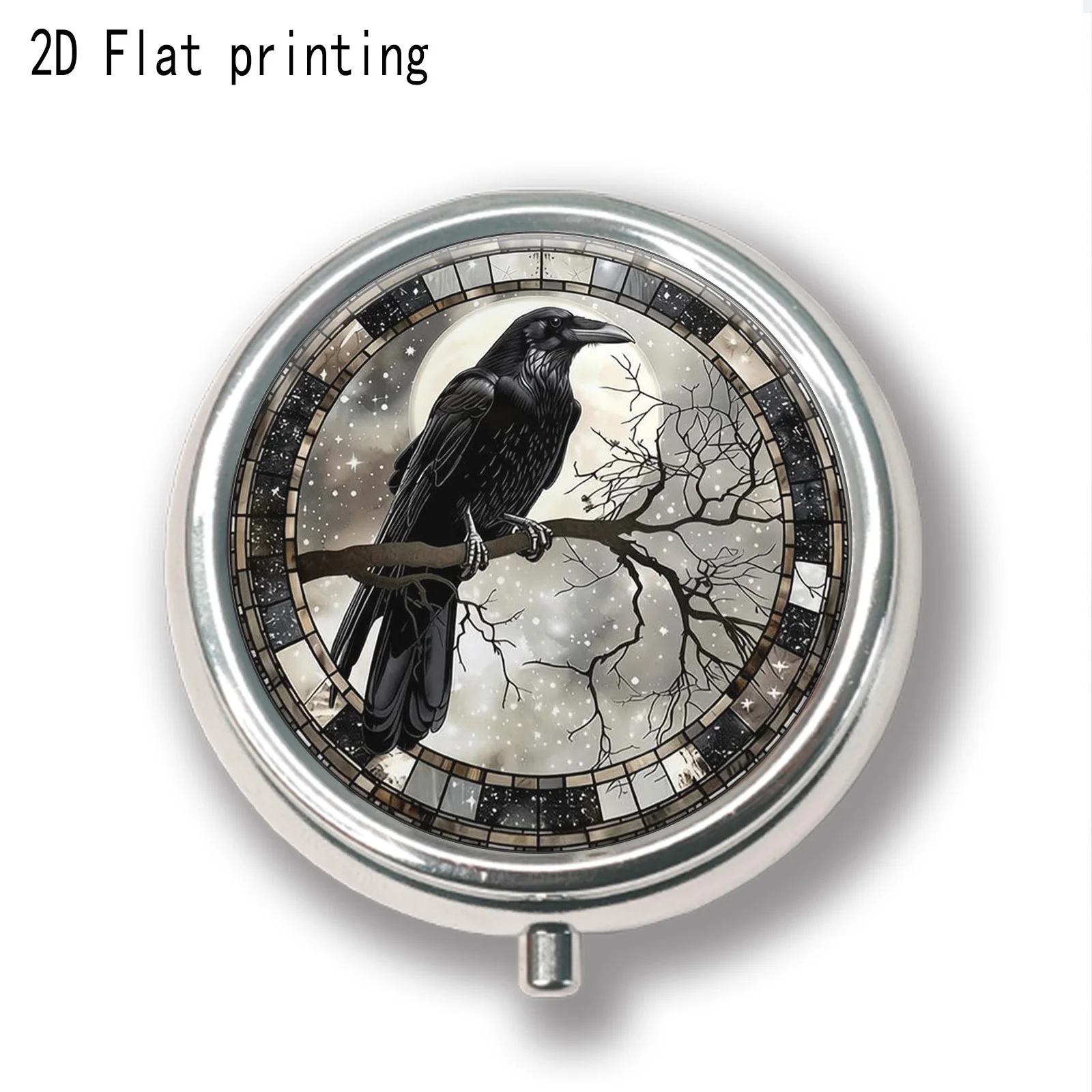 1Pc Pill Box with Crow Moon Gothic Style Colorful Glass Design Print, Portable Small Accessory Box, Mini Pill Box - Compartmentalized Storage, Exquisite and Convenient Creative Gift, Creative Storage Box for Daily Commuting, Easy to Carry, Ideal for Gifting