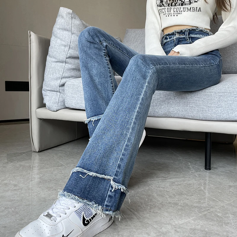 High Waist Women\'s Fashion Flared Jeans Spring New Designer Tassel Vintage Pants Female Clothing Stretch Slim Denim Trousers