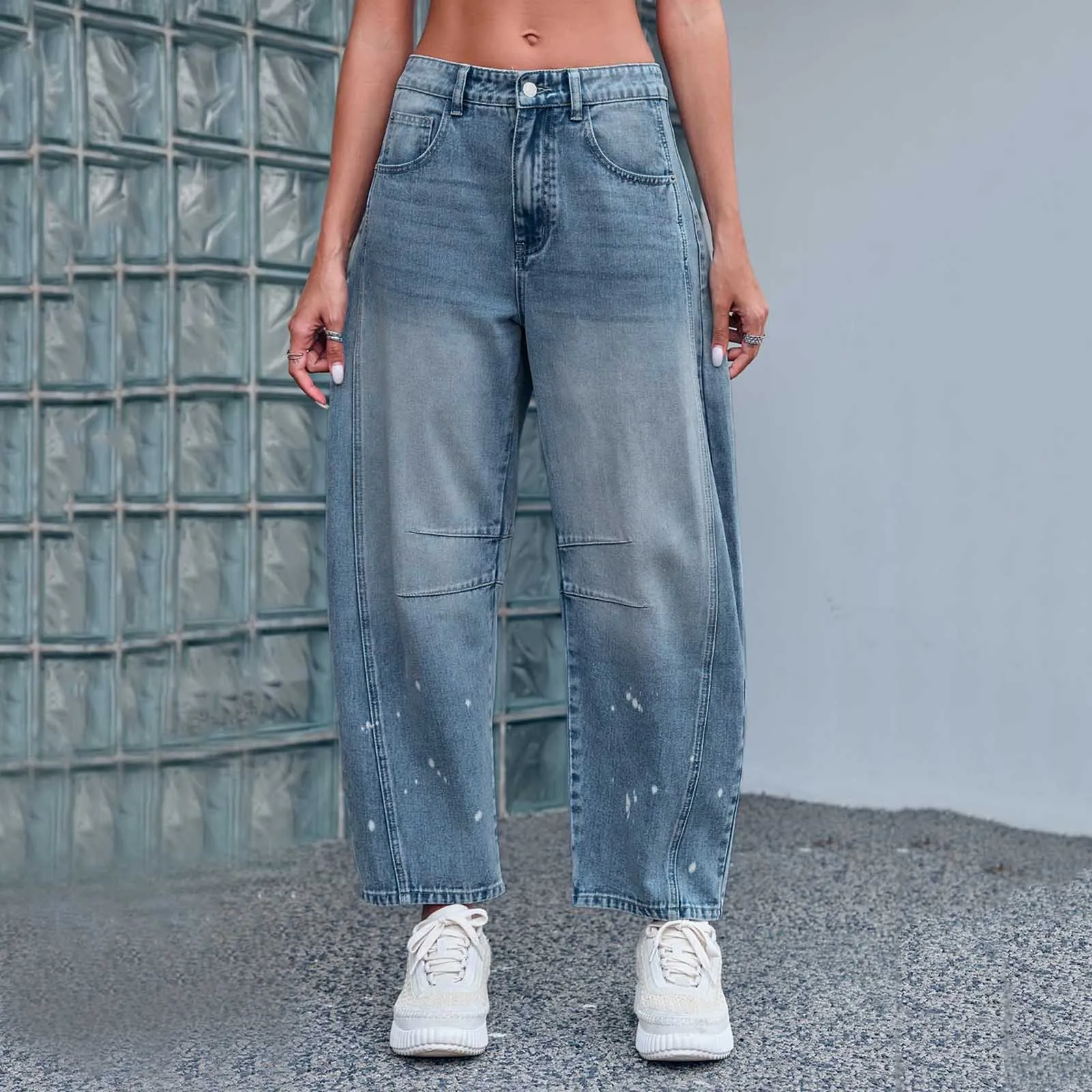 

Wide Leg Barrel Jeans For Women Radish Legs Pants Wide Leg Mid Waist Cropped Denim Pants Baggy Boyfriend Jeans With Pockets