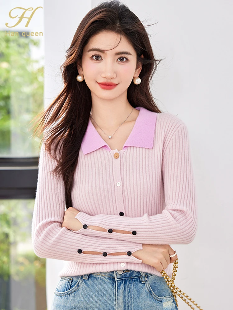 

H Han Queen New Autumn Cardigans Sweaters Loose Colourblocking Vintage Casual Women's Clothing Simple Long Sleeve Sweater