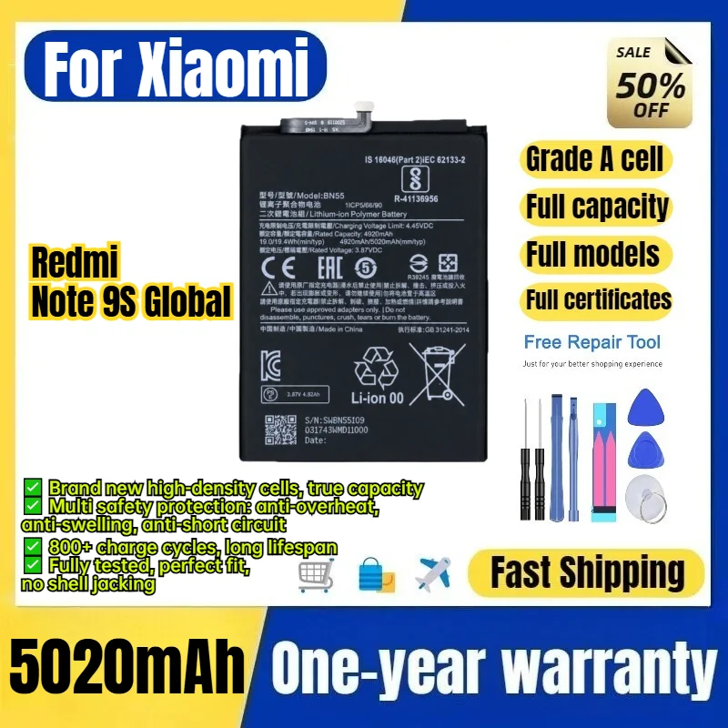 BN55 for Xiaomi Redmi Note 9S Global Phone Battery 0Cycle High Quality High Capacity Replacement Bateria Grade A Cell with Tools