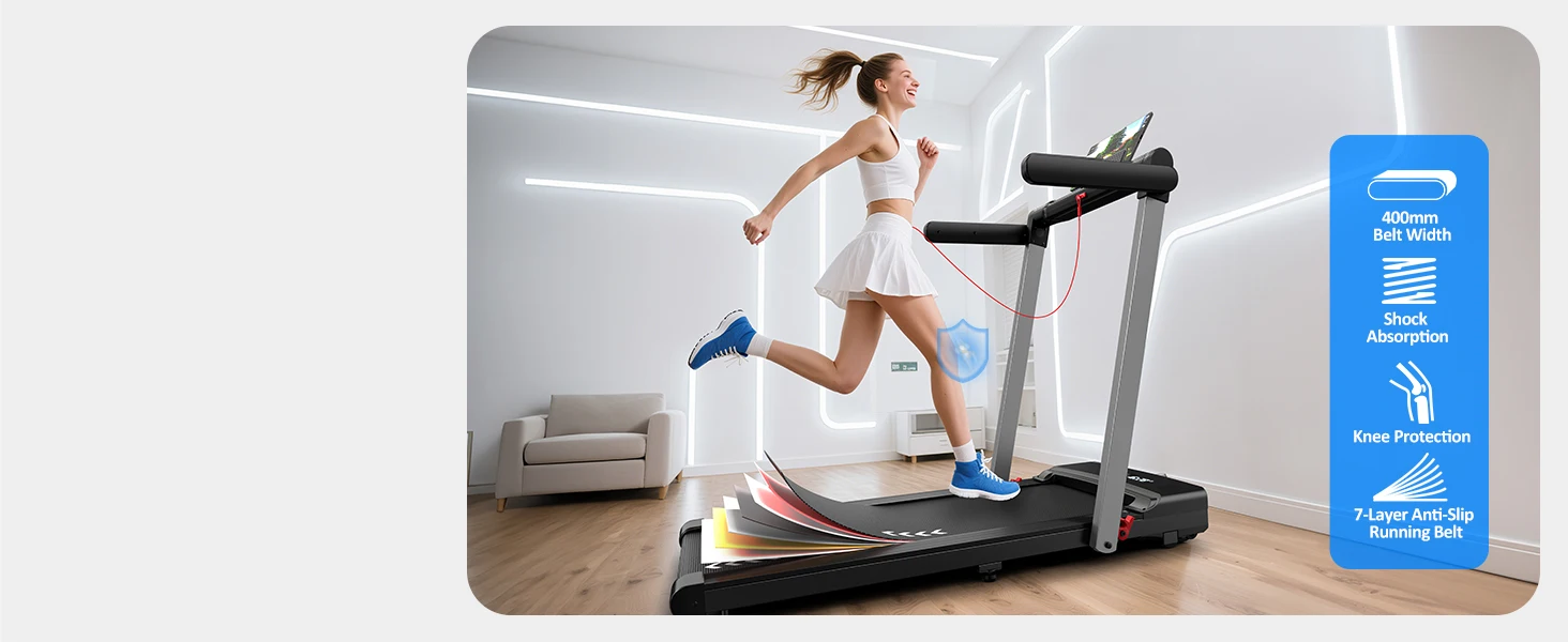 3-in-1 Klappbares Laufband 2,5 PS Geräuscharmer Motor Bluetooth-Lautsprecher 12km/h 12 Programme Dual-LED Heim- und Büro-Fitnessgerät – Detail 10