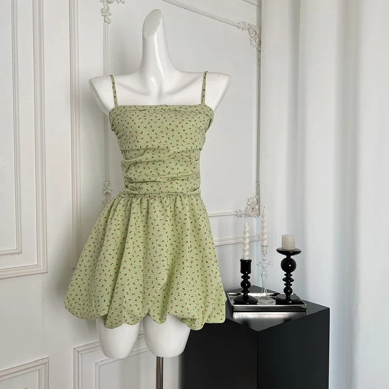 Sexy Green Floral Dress Party Vacation Basic Daily Mini Dress Causual Korean Fashion Sling Dress Summer Women Clothes