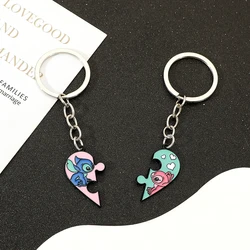 2Pcs Disney Cartoon Stitch and Angel Love Puzzle Pendant Keychain Creative Couple Key Rings Chain Keys Holder Accessories Gifts