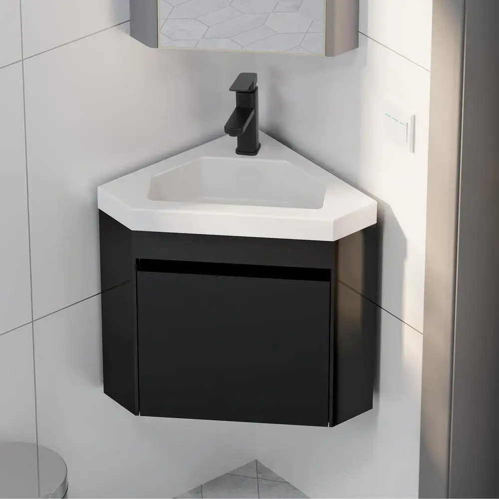 Corner Bathroom Vanity Sink Combo Wall Mounted with White Resin Sink Matte Black Faucet Space Saving Floating Design Durable MDF