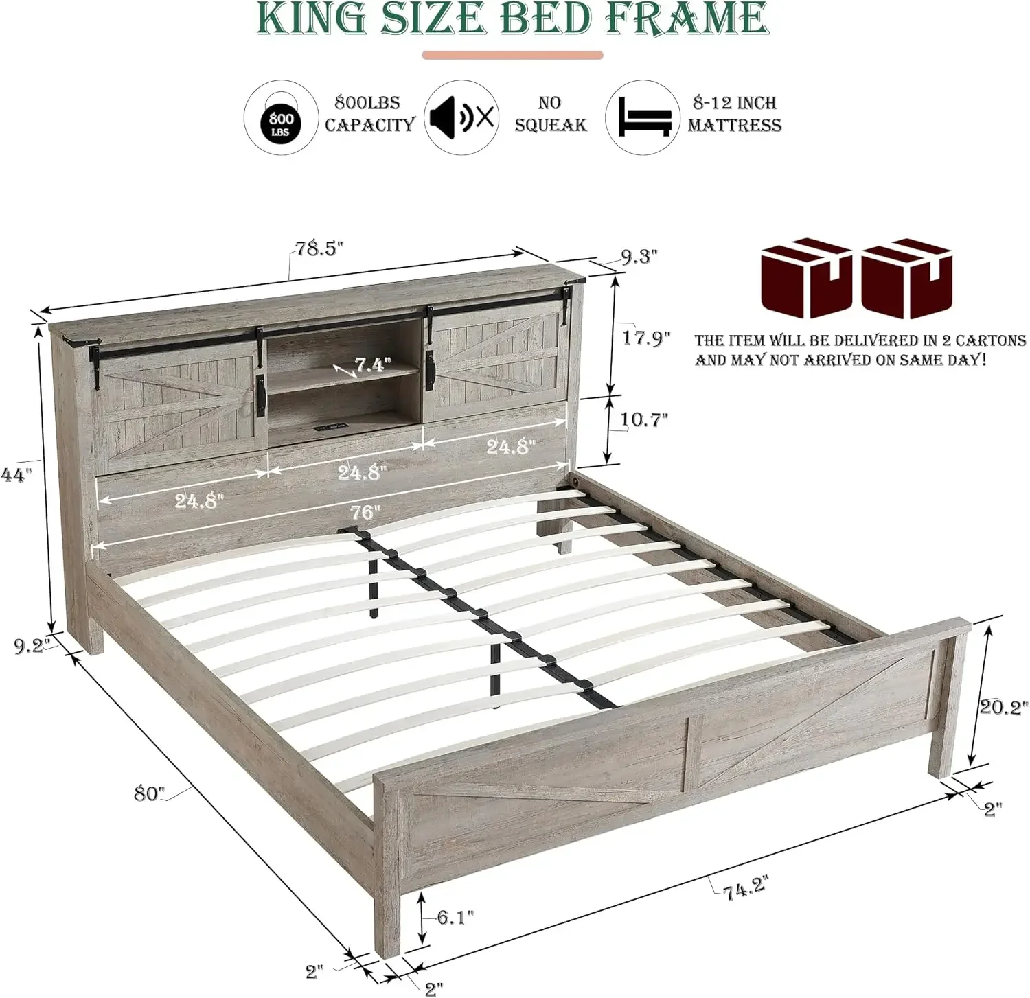 Farmhouse King Size Bed Frame with Bookcase Headboard, Sliding Barn Door, Storage Cabinet, Charging Station, Wood Slats Support,