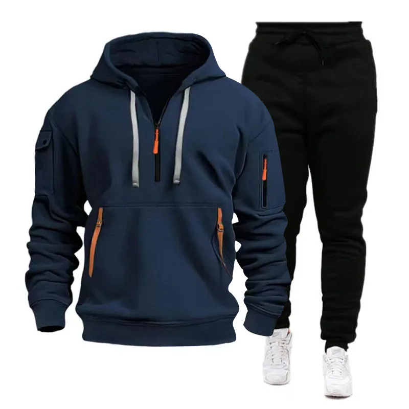 2024 Cross-border Sports Sweater Men's Multi-Pocket Zipper Hoodie Sweatpants Set