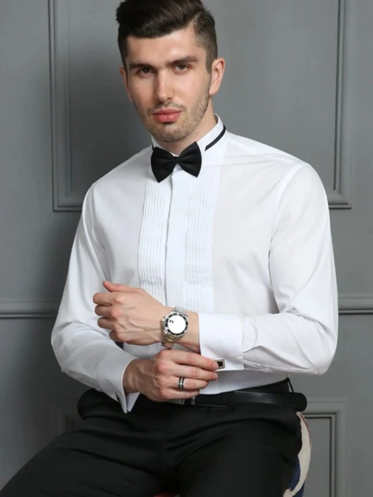 Men's Tuxedo Collar Dress Shirt Tailored Fit Long Sleeve Business Casual Wedding Ceremony Shirt Youth Fashion Polyester Fiber