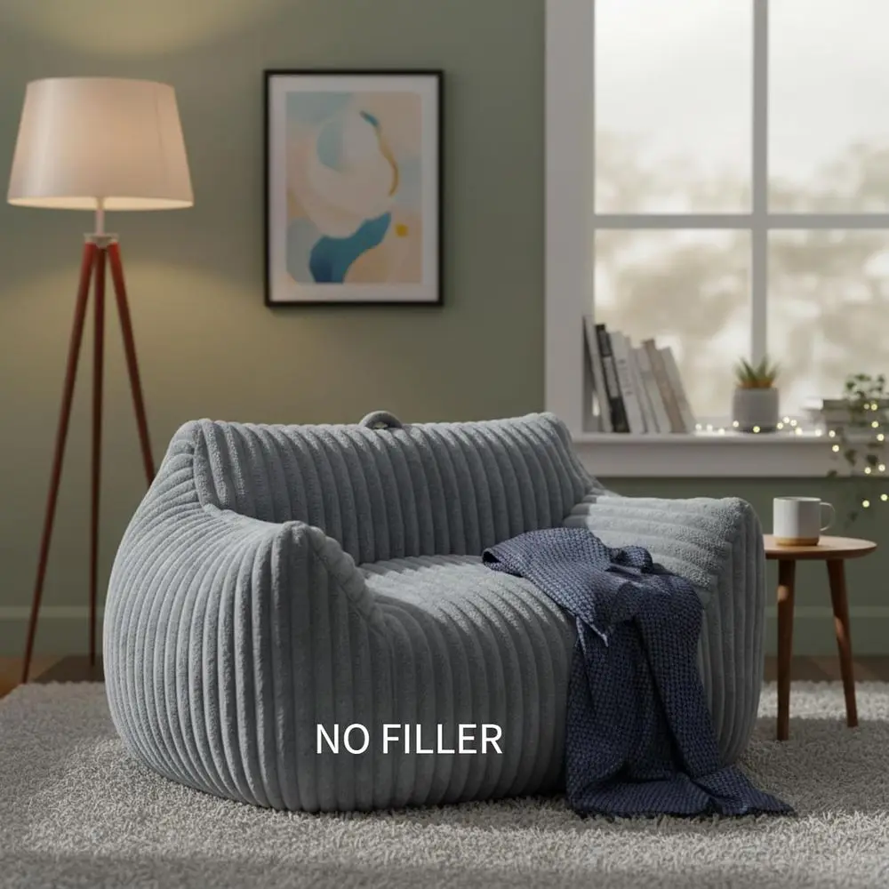 Light Grey Rabbit Bean Bag Chair Cover with Armrests and Back Support for Lazy Sofa, Bedroom, Living Room, Dorm