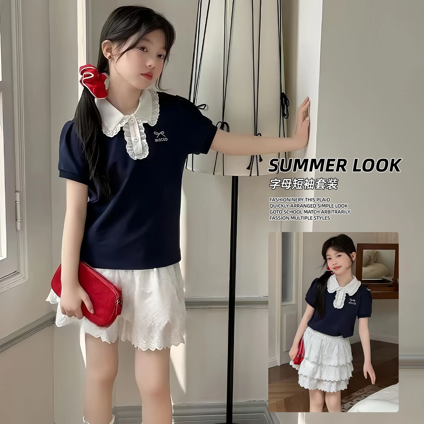 Kids Preppy Style Princess Daily Outfit Ages 6-14Y Girls 2-Pieces Clothes Dress Suit Students Summer Short Sleeve Mini Skirt Set
