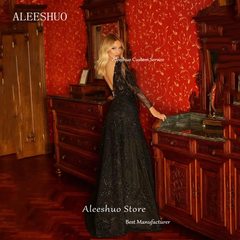 Aleeshuo-vestidos de noche negros de lujo con escote en V profundo, corte en A, encaje, cuentas, tul, mangas largas, vestidos de fiesta con botones, Vestido personalizado