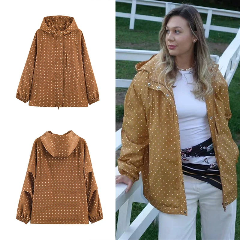 Guobioziy 2026 Autumn Women Loose Hooded Polka Dot Wind Jacket Zip Snap Closure Elastic Cuffs Pockets Daily Outerwear