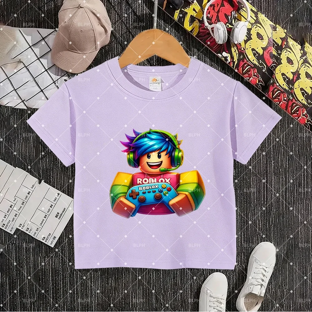 Camiseta Infantil Temática Roblox com Design Colorido e Estampa de Controle de Jogo para Amantes de Jogos Divertidos