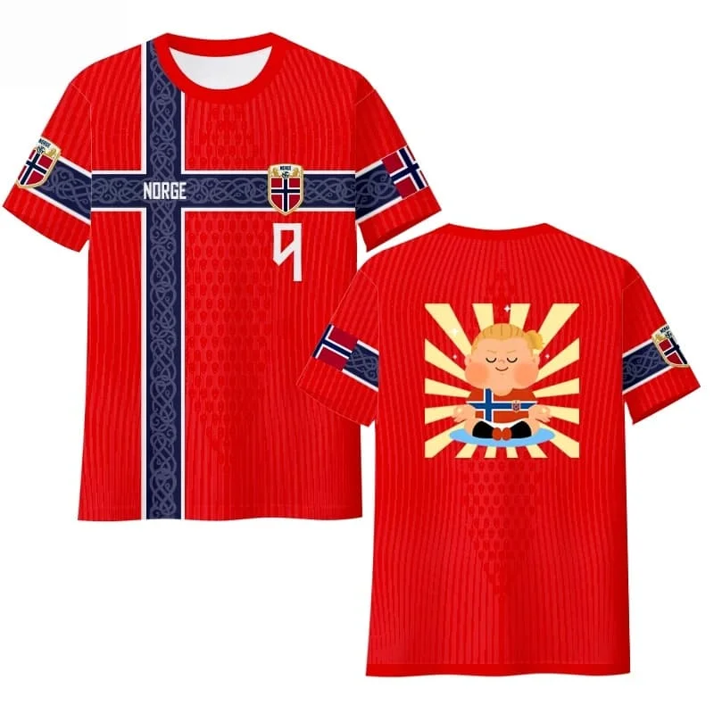 Haaland Norwegen Nationalmannschaft Fan-T-Shirt, schnelltrocknendes Eisseiden-Kurzarm-Unisex-Freizeit-Fußball-Fan-T-Shirt für Männer und Frauen im Sommer – Detail 3