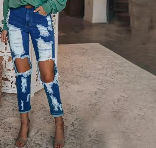 2023 New High Waist Hip Lift Loose Straight Hole Denim Trousers Ladies Jeans Women's Clothing