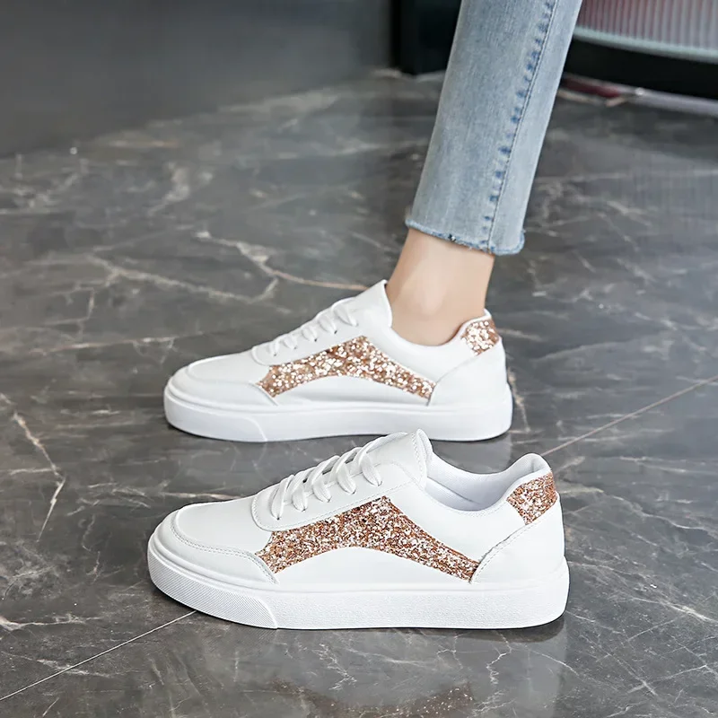 

Women's Sequined Student Breathable Low-top Board Shoes Lace-up White Soles