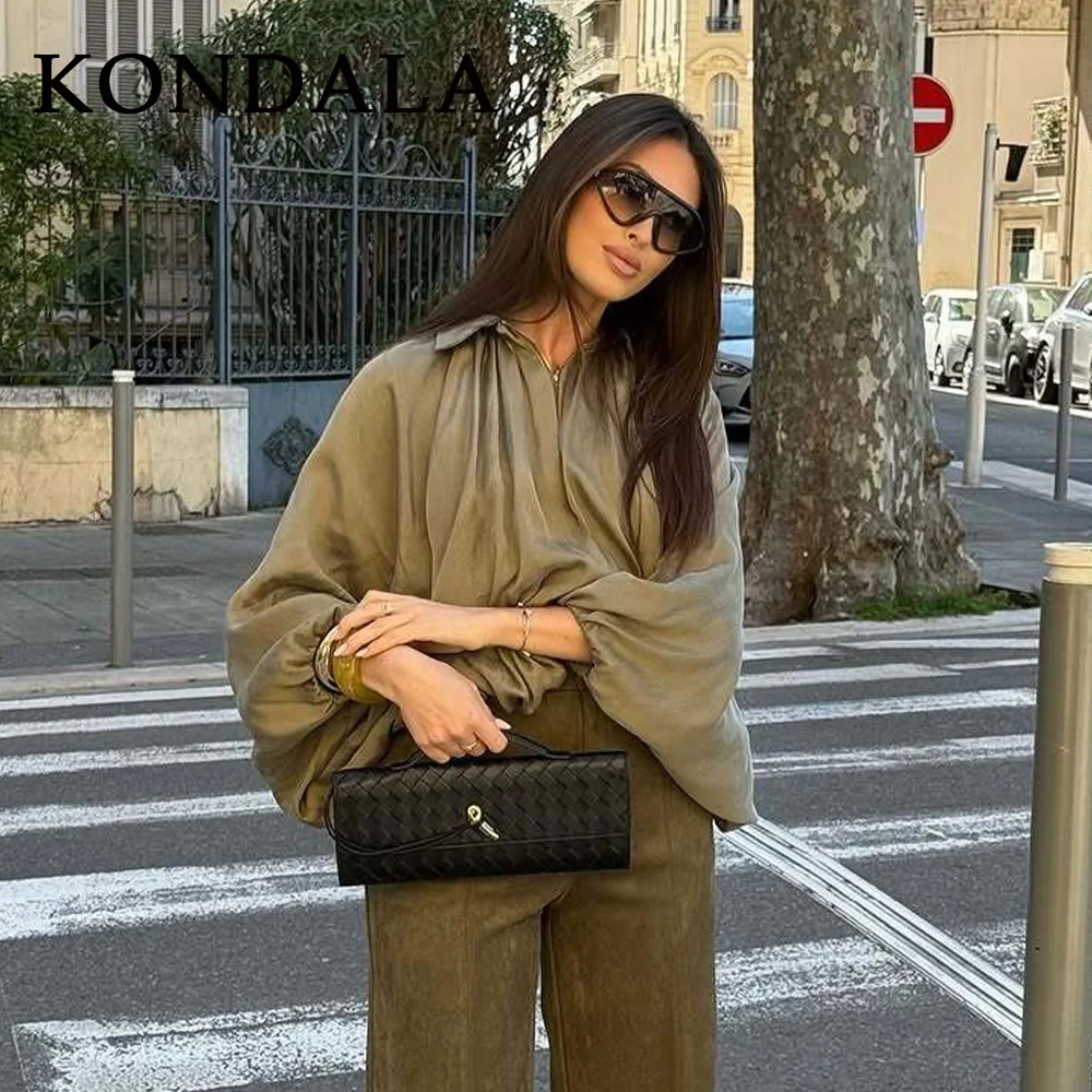 KONDALA 2026 Spring Summer Casual Solid Loose Women Pilot Jackets Fashion Turndown Collar Batwing Sleeve Pleated Zipper Jackets