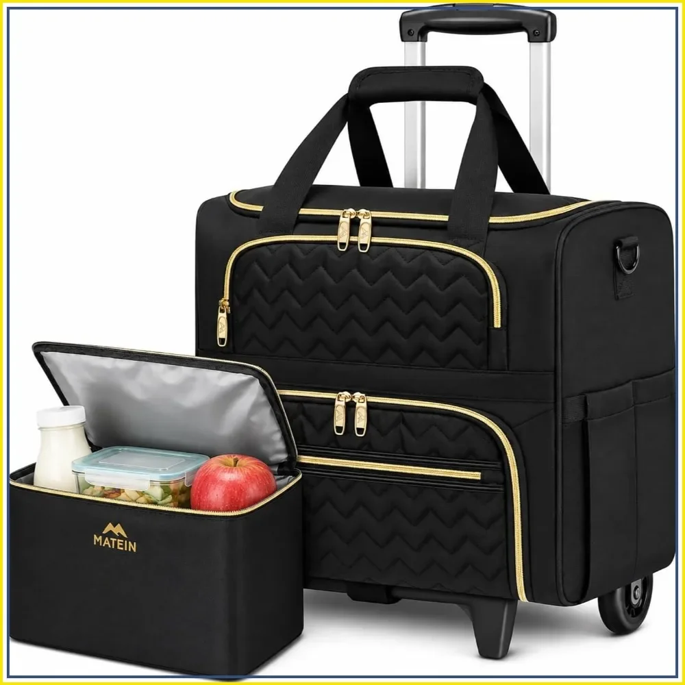 Rolling Laptop Bag for Women, 15.6 Inch Wheeled Briefcase with Detachable Cart, Insulated Lunch Box, Teacher Work Tote, Black
