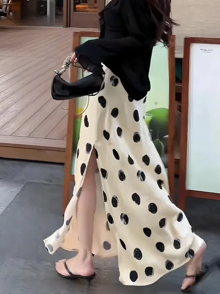 

Атласная юбка трапециевидной формы в горошек с высокой талией и разрезом для женщин, Ele Commute Sle, повседневная одежда, подходит для лета 2025 г.