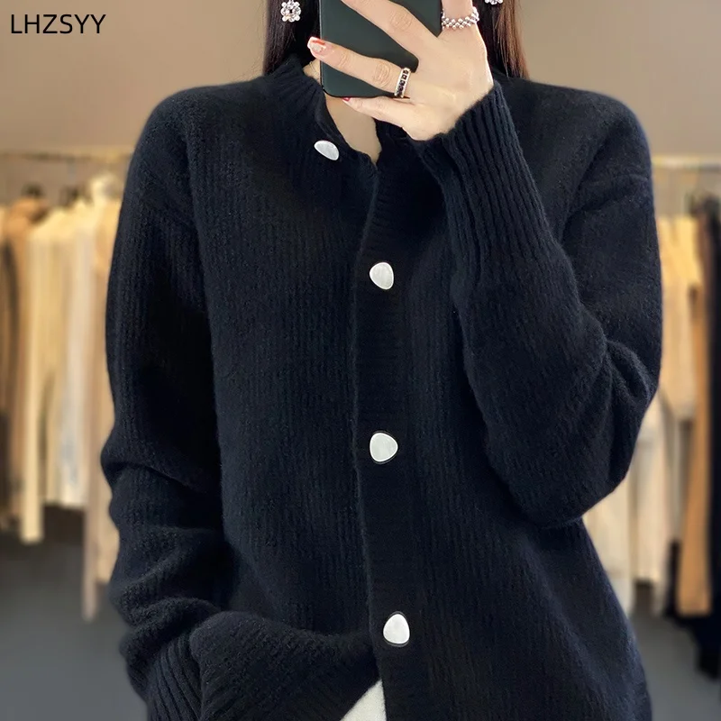 Women\'s 100% Merino Wool Knitted Cardigan Autumn/Winter Round neck Casual Coat Clothing Loose Warm Female Jacket Tops Base Shirt