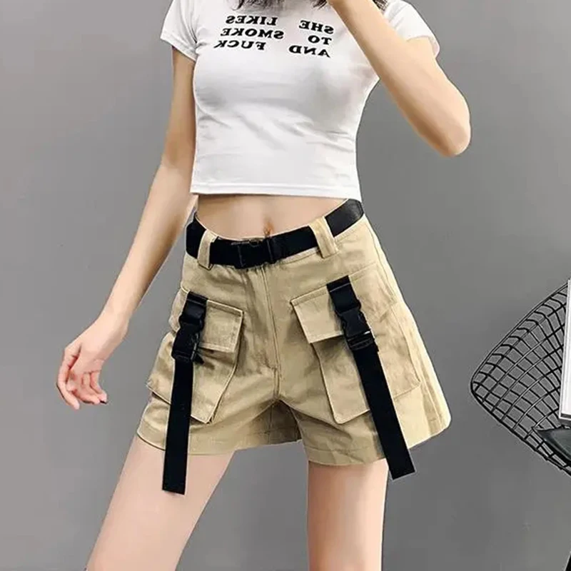 MEXZT Cargo Shorts Women Harajuku Streetwear High Waist Pockets Belt Wide Leg Shorts Korean Loose All Match Casual Short Pants