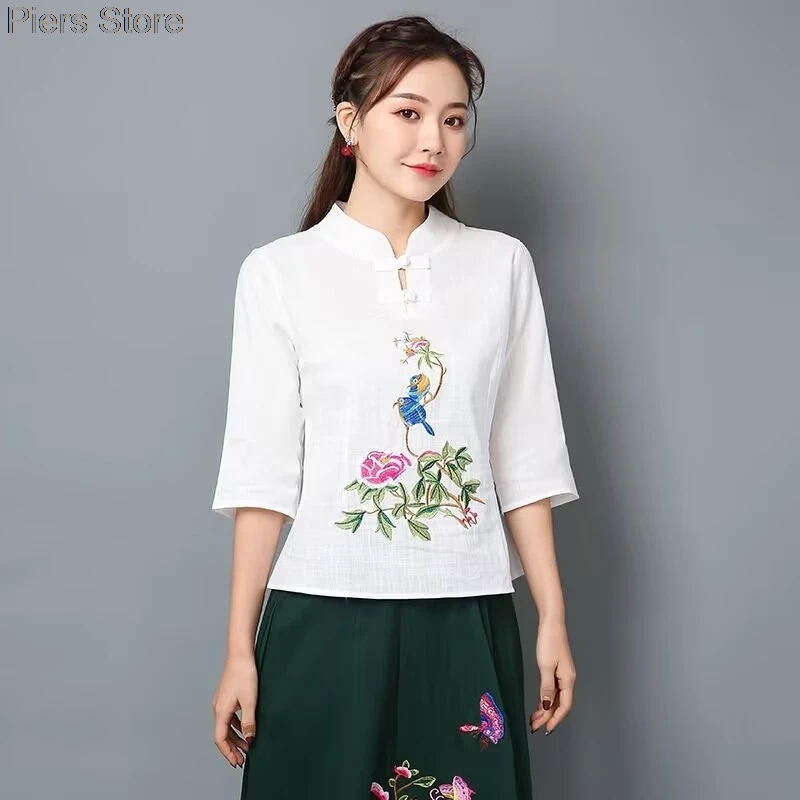 Vintage algodão linho chinês tang terno feminino verão solto tradicional hanfu topo elegante estilo nacional blusa 2xl bordado