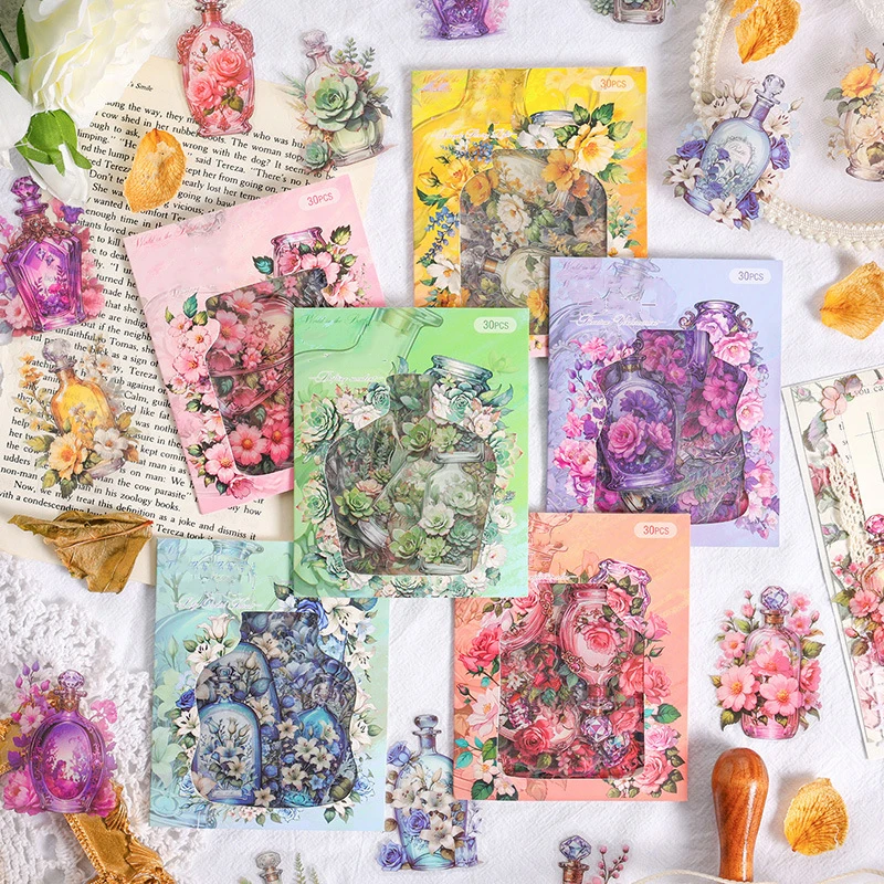 30pcs/pack Flowers Bottle Stickers Waterproof PET Collage Junk Journal DIY Scrapbooking Materials Aesthetics Stickers