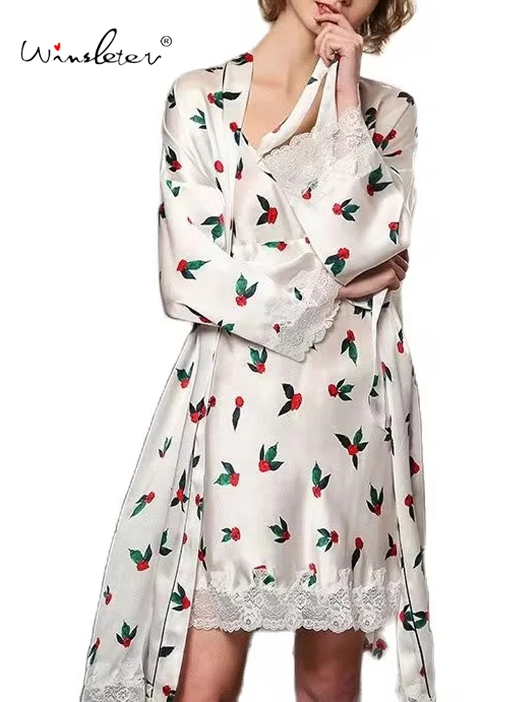 

Winsleter,Sexy Elegant Women Print Sweet Night-robe Sets,2024 Summer Autumn 100%Real Silk Sleeping Robe Sling Dress S478106QC