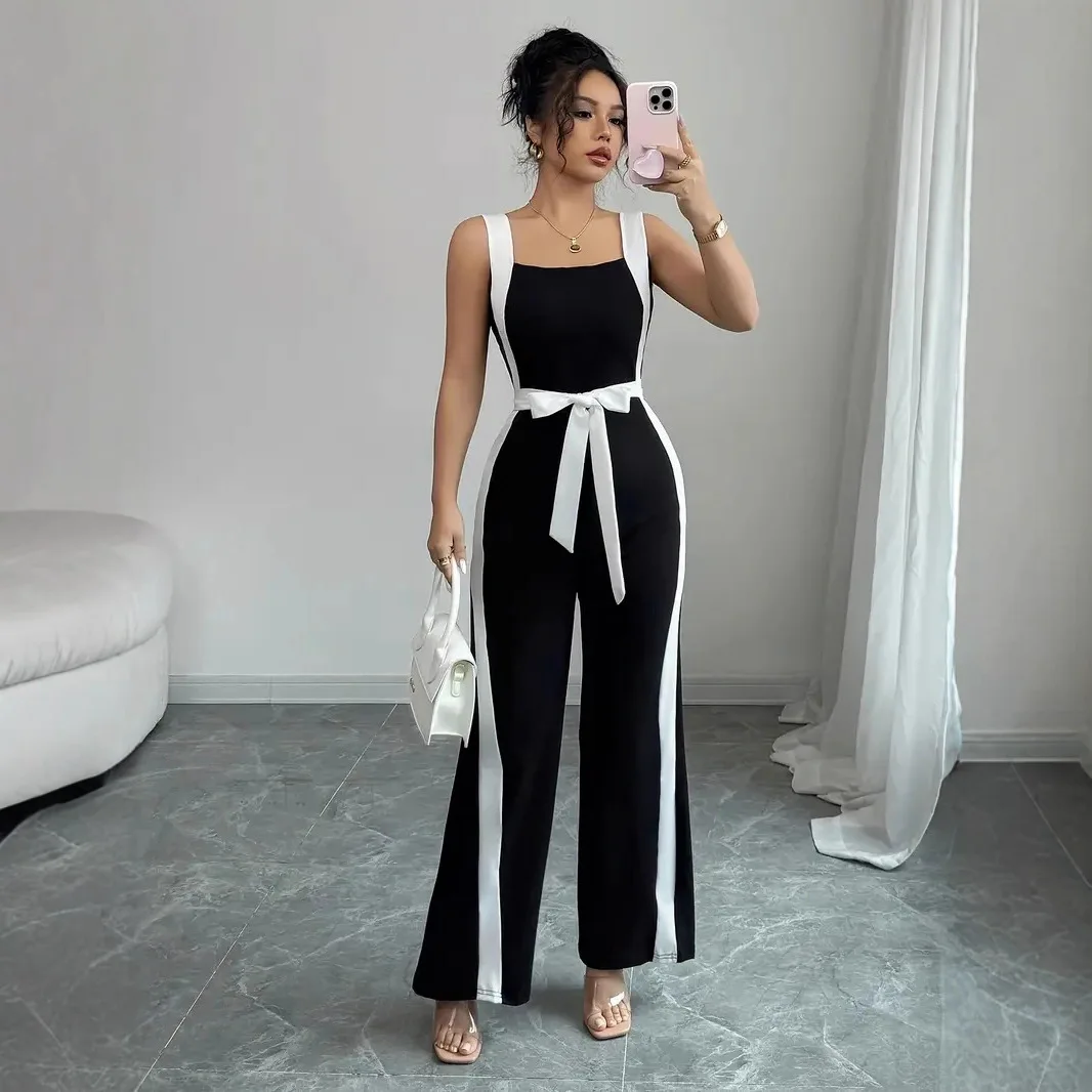 

Faionable Bla White Color Blo Strap Jumpsuit Women Casual Suit Commute Sle Low Waist Long Pants Polyester F...