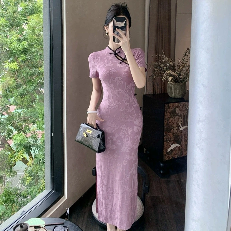 

2025 Темпераментный фиолетовый комбинезон Ципао с короткими рукавами, длинная юбка