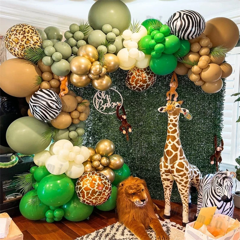 Jungle Safari Green Theme Balloon Garland Arch Kit Kids Birthday Party Metal Confetti Foil Latex Balloons Baby Shower Decoration