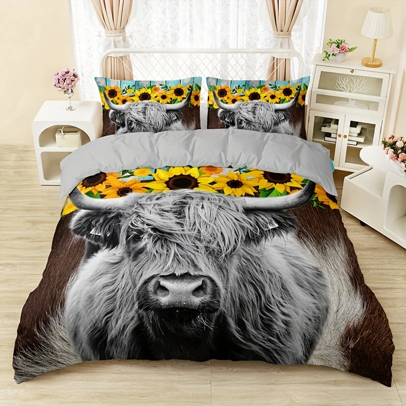 Soft and Comfortable Highland Cow Sunflower Print Duvet Cover Set for Bedroom Guest Room Includes Duvet Cover and 2 Pillowcases