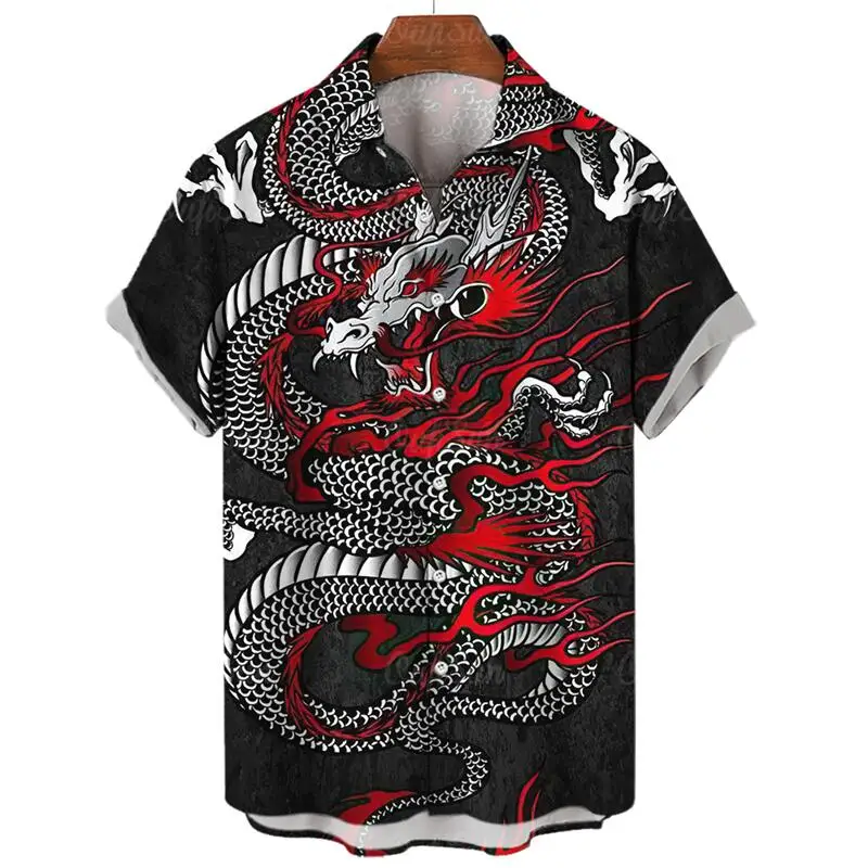 Men's Fashion Harajuku Casual Short Sleeve Social Vintage Hawaiian Floral Summer Shirt Dragon Printed Beach Cartoon Clothing